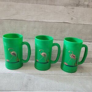 Vintage Green Plastic Mugs With Hand-Painted Flamingo Design - Set of 3